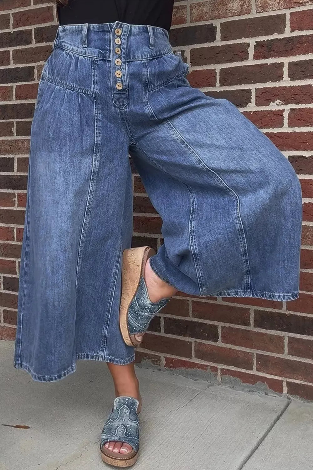 High-waisted wide-leg button-fly jeans in classic cotton denim by Plush Fashion Hub, shown with front pockets and relaxed fit.