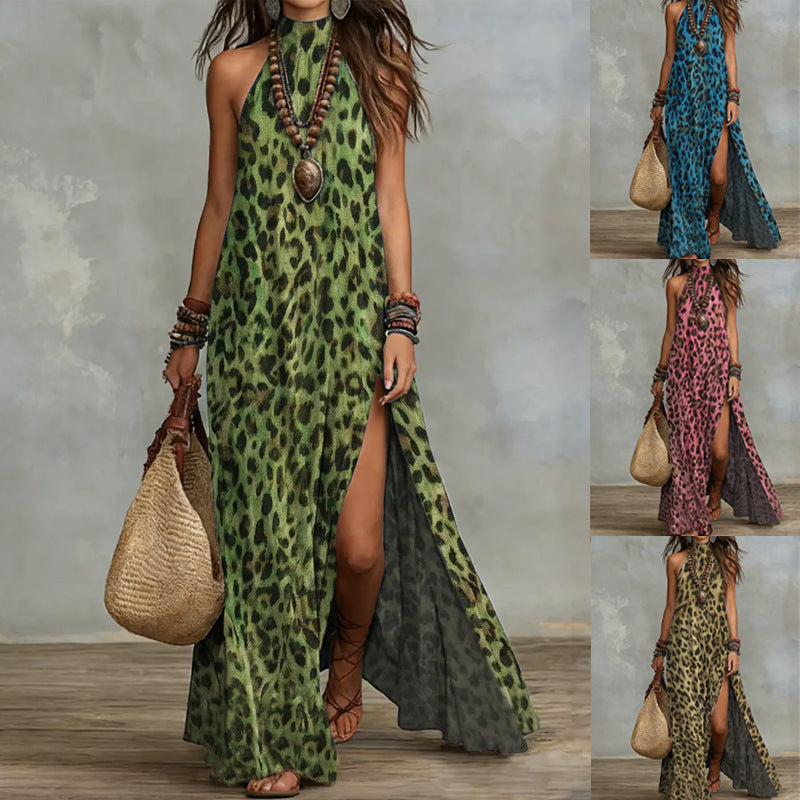 Women's printed boho maxi dress by FitiqueFit, sleeveless with split design, loose fit, and colorful scarf-style pattern.