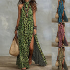 Women's printed boho maxi dress by FitiqueFit, sleeveless with split design, loose fit, and colorful scarf-style pattern.