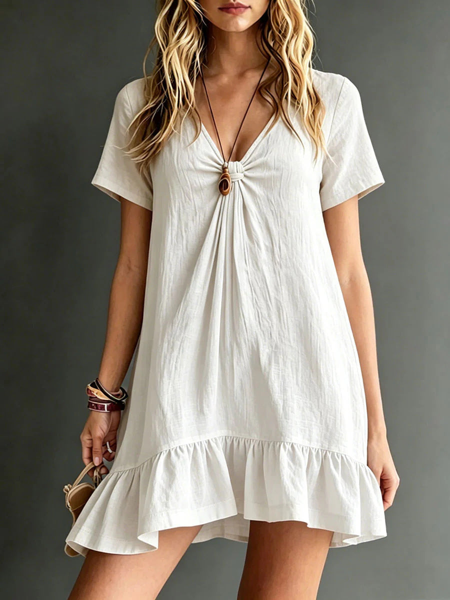 Women's Ice Silk Crepe V-Neck Short-Sleeve Midi Dress from Plush Fashion Hub, loose fit, casual style, lightweight and breathable fabric.