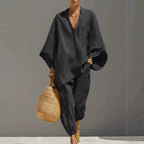 Women's loose shirt and cropped pants two-piece casual set from Plush Fashion Hub, featuring vintage-inspired relaxed fit clothing.