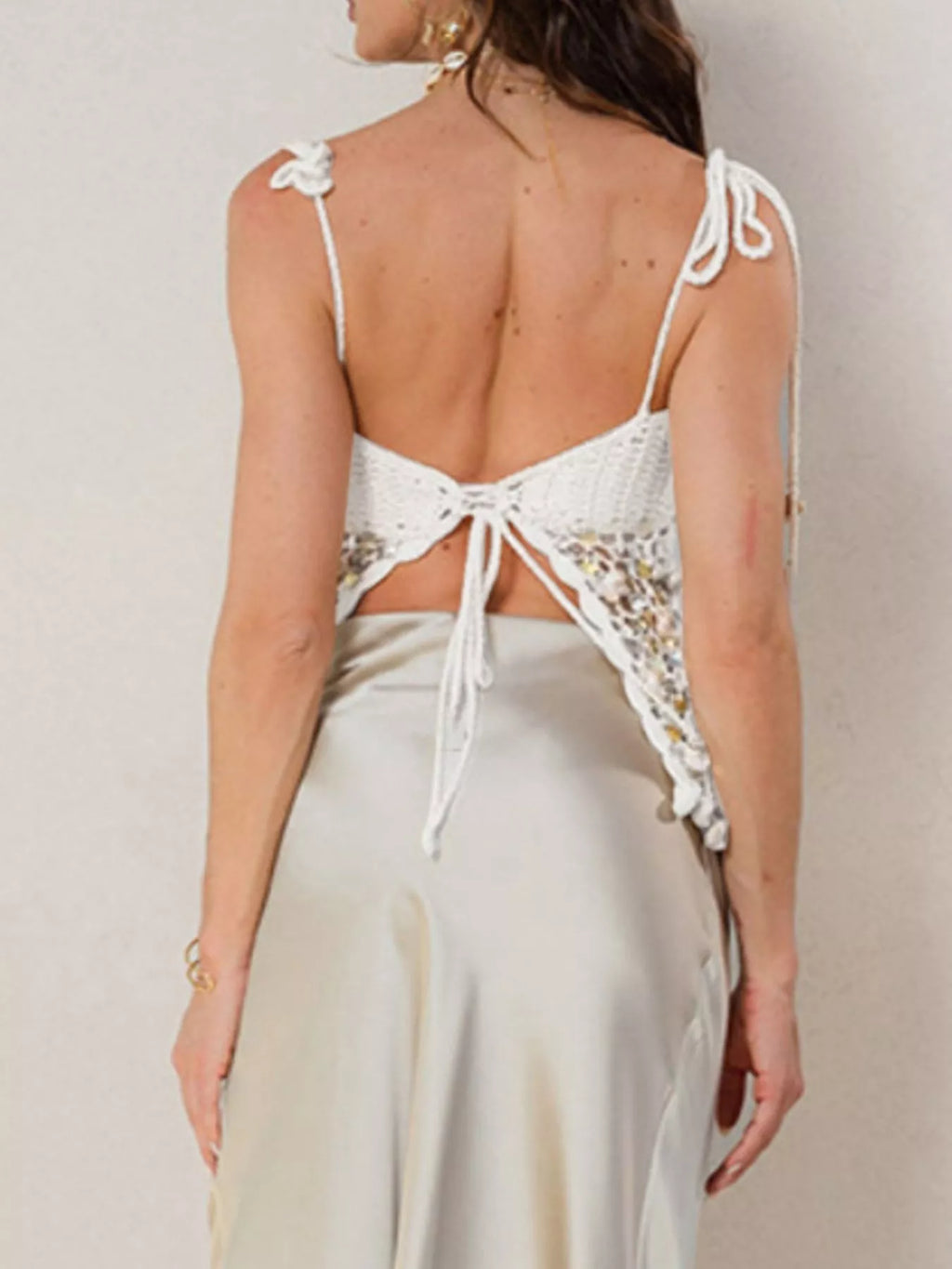 Sequin crochet knit cami top by Shopimist featuring a delicate crochet pattern and shimmering sequin embellishments.