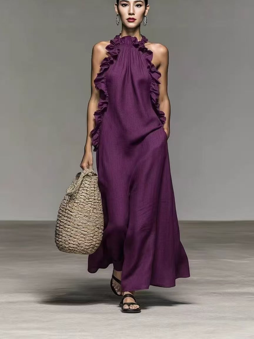 Plush Fashion Hub halter neck ruffled sleeveless casual dress with pockets, loose fit and flowy design, perfect for relaxed wear.