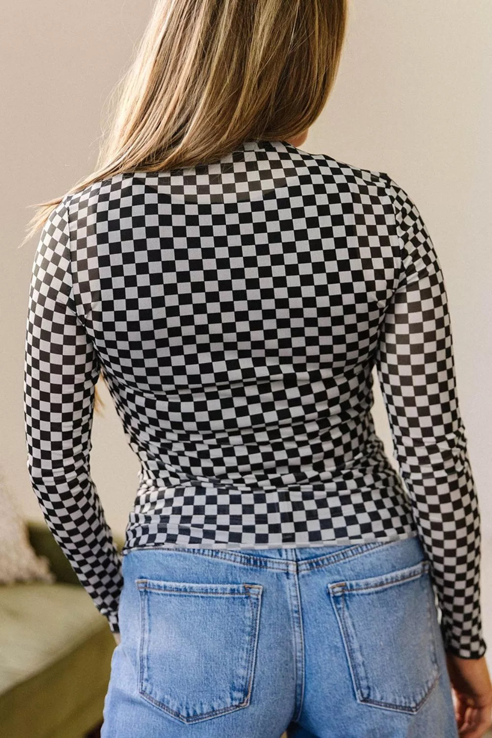 Plaid stand neck long sleeve mesh top by Plush Fashion Hub, featuring a stylish plaid pattern and sheer mesh fabric.