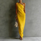 Women's satin off-shoulder slim-fit maxi dress by FitiqueFit, shown in a casualwear style with a flowing silhouette.