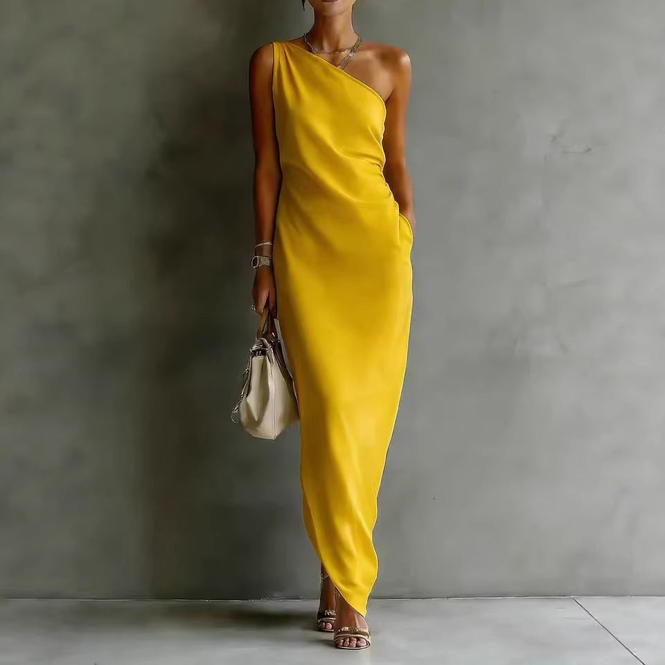 Women's satin off-shoulder slim-fit maxi dress by FitiqueFit, shown in a casualwear style with a flowing silhouette.