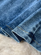 Frayed denim patchwork top and slit maxi skirt denim set by Shopimist, featuring distressed details and casual style.