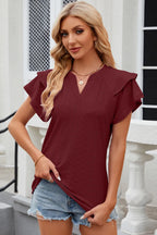 Trendsi eyelet notched flutter sleeve T-shirt in soft fabric, featuring stylish flutter sleeves and eyelet details.