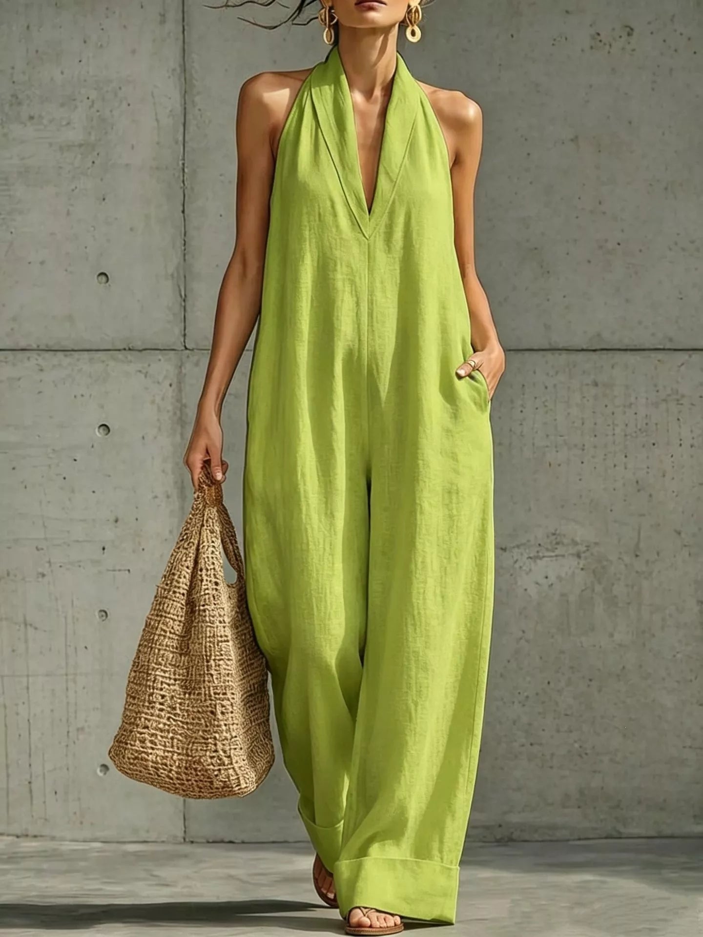 Plus size full-length halter neck jumpsuit with wide-leg design from Trendsi, shown in a full-body view.