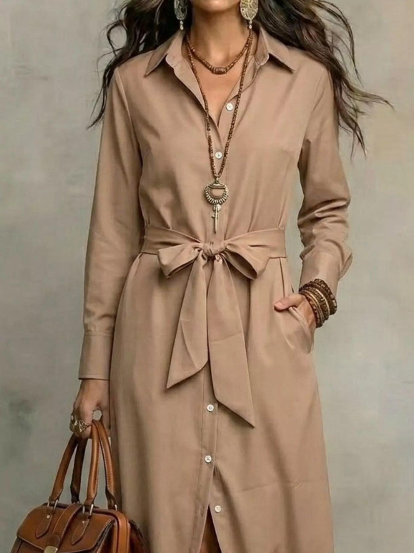 Plus size long sleeve tie waist shirt dress by Plush Fashion Hub, showing a stylish full-length dress with a tied waist and button details.