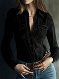 Deerskin velvet long sleeve patchwork blouse by FitiqueFit, featuring retro style and intricate fabric details.