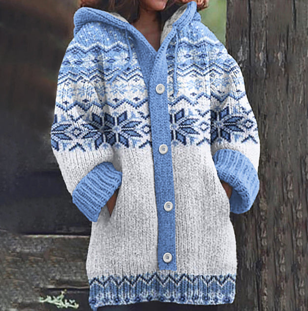 Women’s floral linen cardigan by FitiqueFit, retro hooded loose knit top with floral pattern and casual fit, displayed on a model.