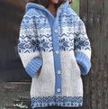 Women’s floral linen cardigan by FitiqueFit, retro hooded loose knit top with floral pattern and casual fit, displayed on a model.