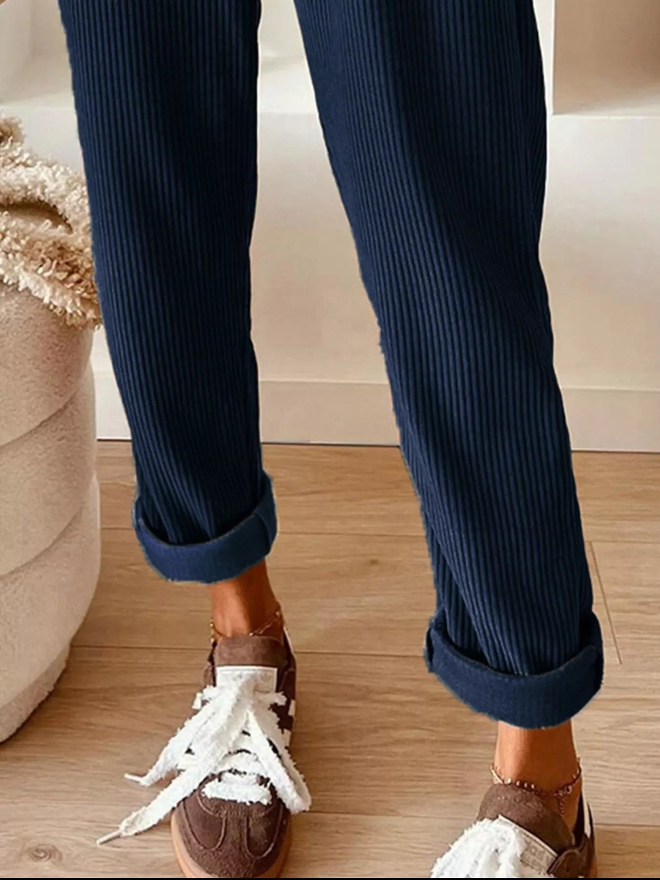 Casual corduroy drawstring waist pants in neutral color, featuring comfortable fit and stylish design from Simply Love.