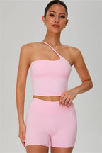 Fitglutes activewear one-shoulder crop top and matching shorts 2-piece set, ideal for gym and workout sessions.