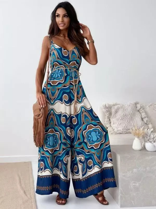 Printed spaghetti strap wide-leg jumpsuit from Shopimist featuring a stylish design and flowing wide-leg silhouette.