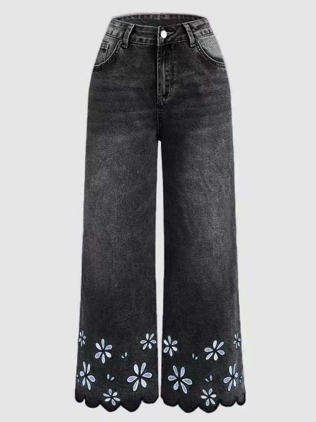 Women’s cropped denim jeans with floral embroidery, loose fit, straight-leg style, by Plush Fashion Hub, casualwear for women.