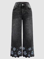 Women’s cropped denim jeans with floral embroidery, loose fit, straight-leg style, by Plush Fashion Hub, casualwear for women.