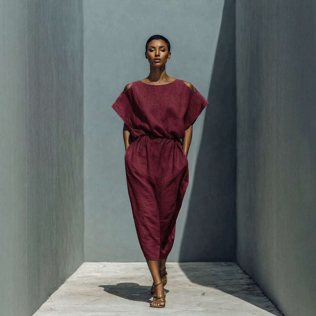 Women's off-shoulder maxi dress with batwing sleeves and elastic waist, by FitiqueFit, flowing and stylish for warm weather.