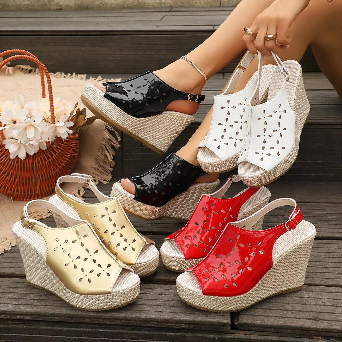 Shopimist peep toe wedge sandals with tan leather straps and chunky cork heels, perfect for summer wear.