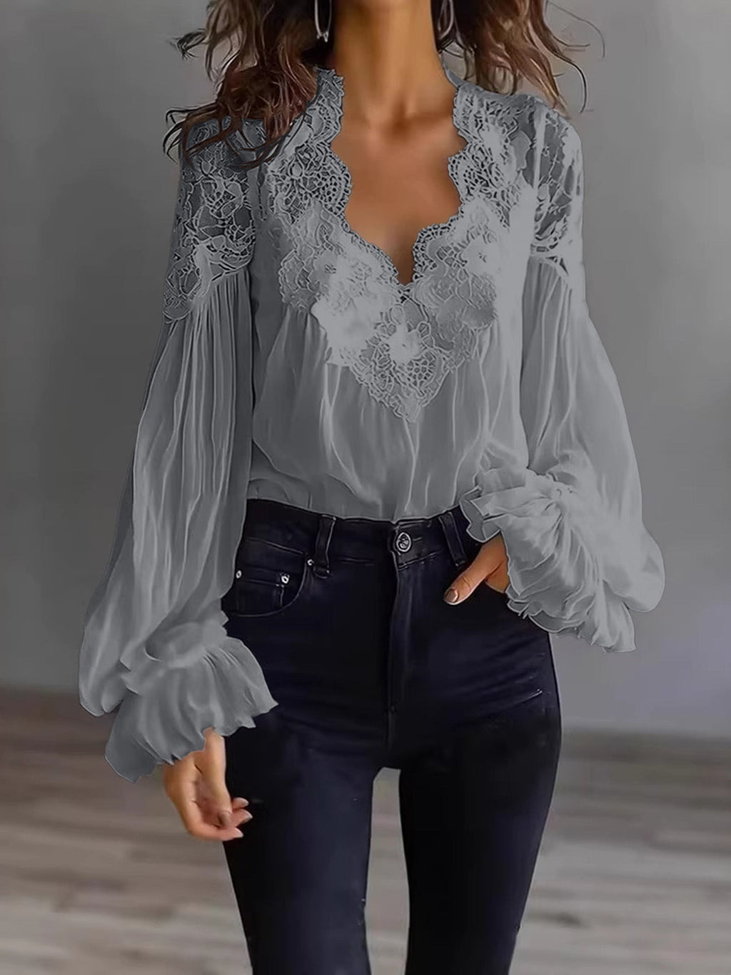 Lace-panel puff sleeve pleated ruffle ballet-style shirt in soft fabric, featuring delicate lace details and elegant design.