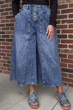 High-waisted wide-leg cotton denim jeans by Plush Fashion Hub with button fly, showcasing a classic fit and relaxed style.