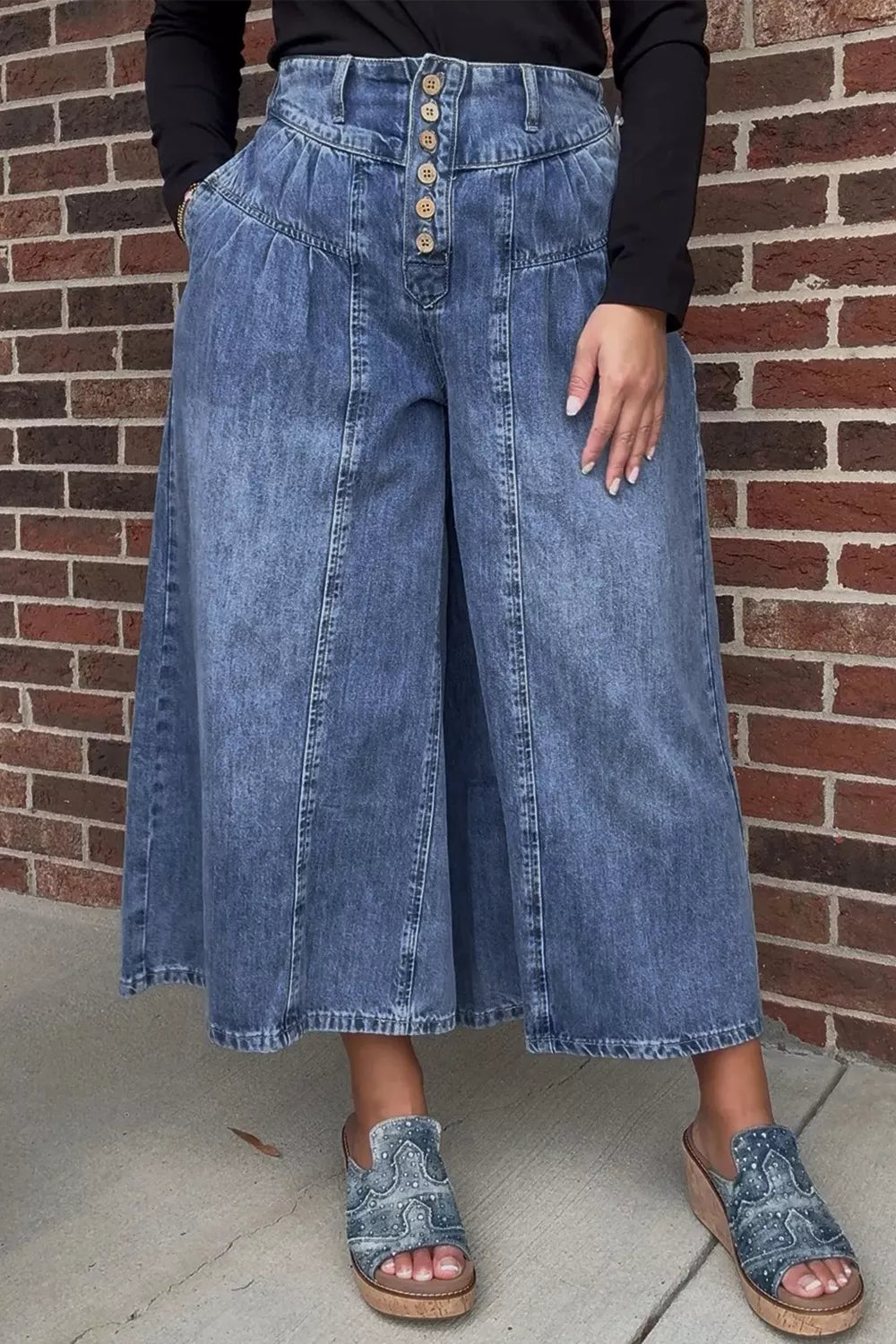 High-waisted wide-leg cotton denim jeans by Plush Fashion Hub with button fly, showcasing a classic fit and relaxed style.