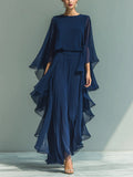 Deep blue ruffle wide-leg pants set by FitiqueFit featuring a two-piece elegant batwing sleeve outfit for women.