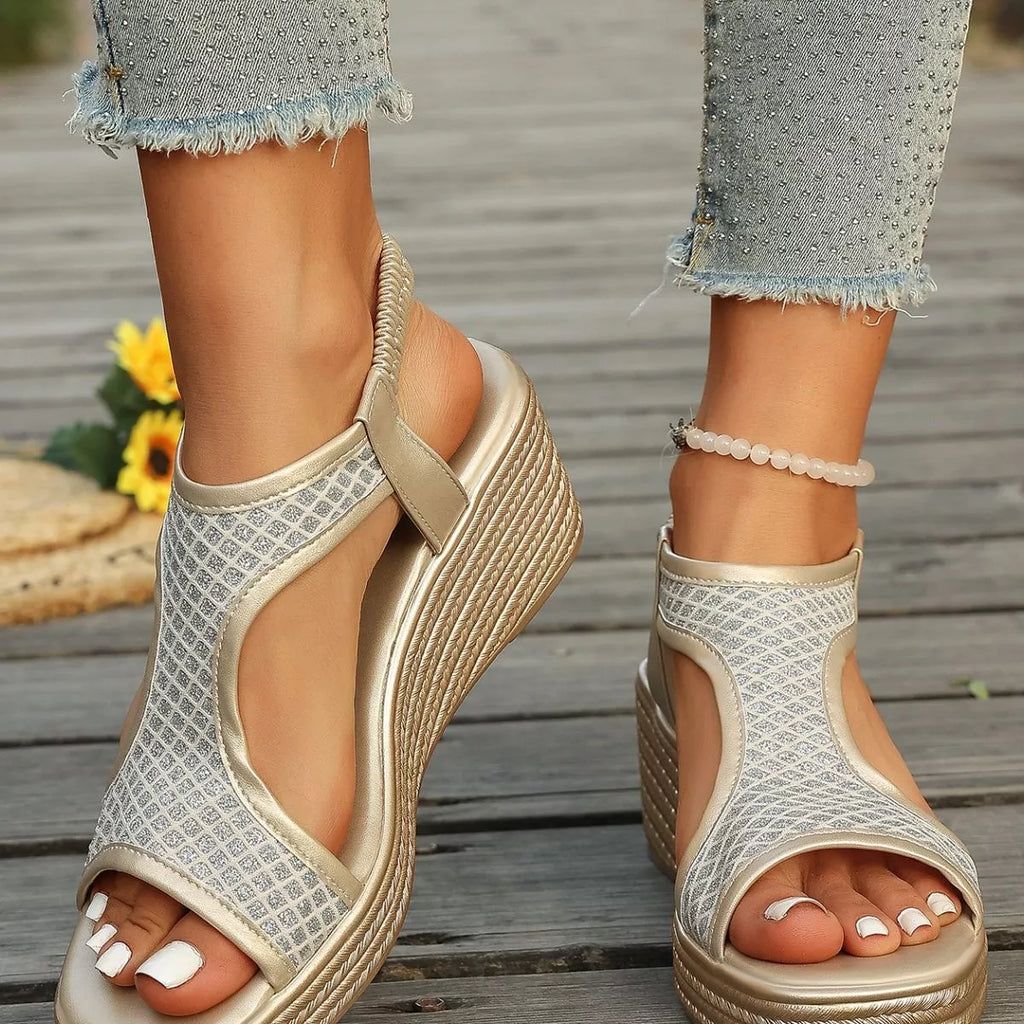 Open toe wedge sandals by Shopimist featuring a stylish design with a comfortable platform and ankle strap.
