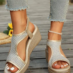 Open toe wedge sandals by Shopimist featuring a stylish design with a comfortable platform and ankle strap.