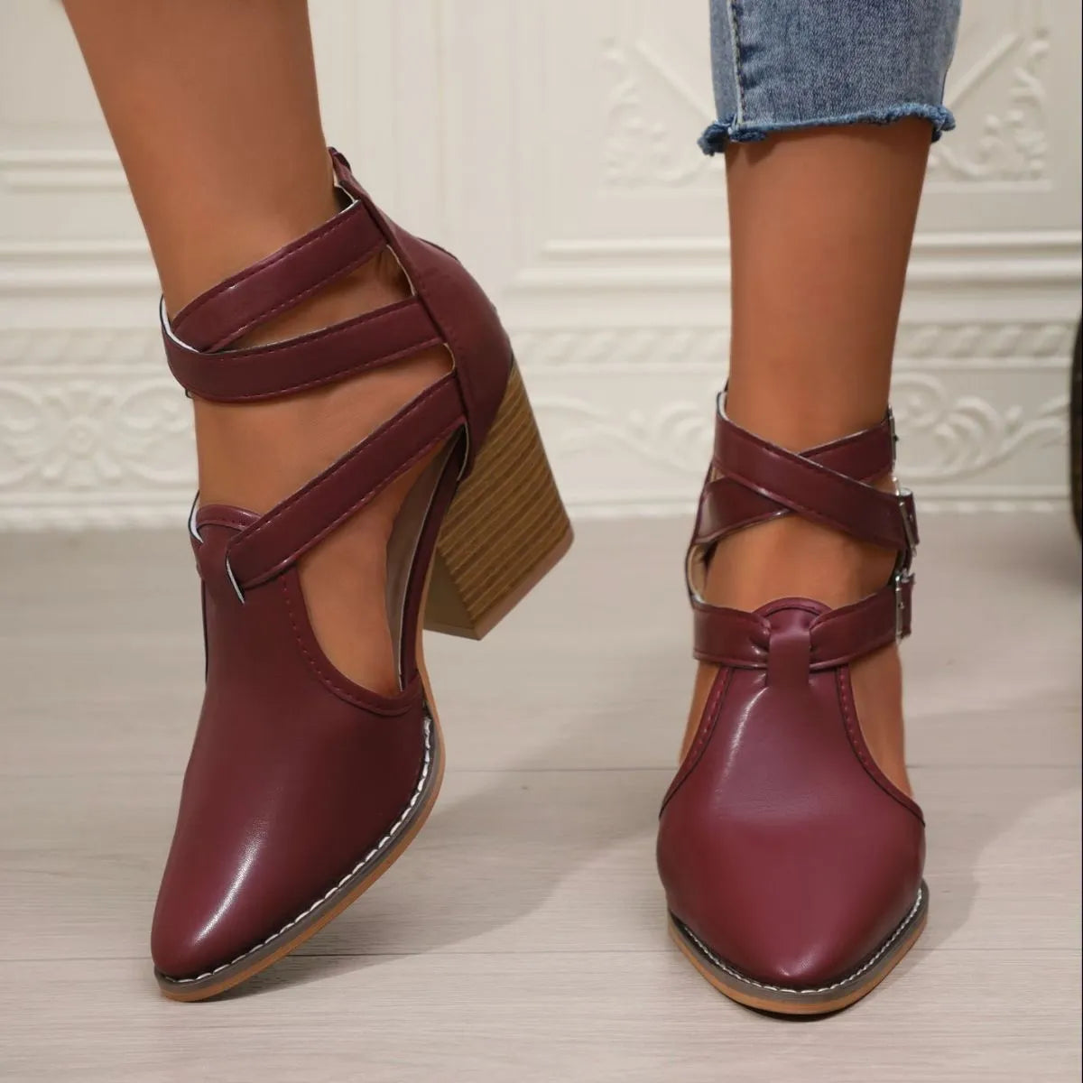 Women's point toe block heel sandals by Trendsi featuring a sleek design and comfortable chunky heel for casual or dressy wear.