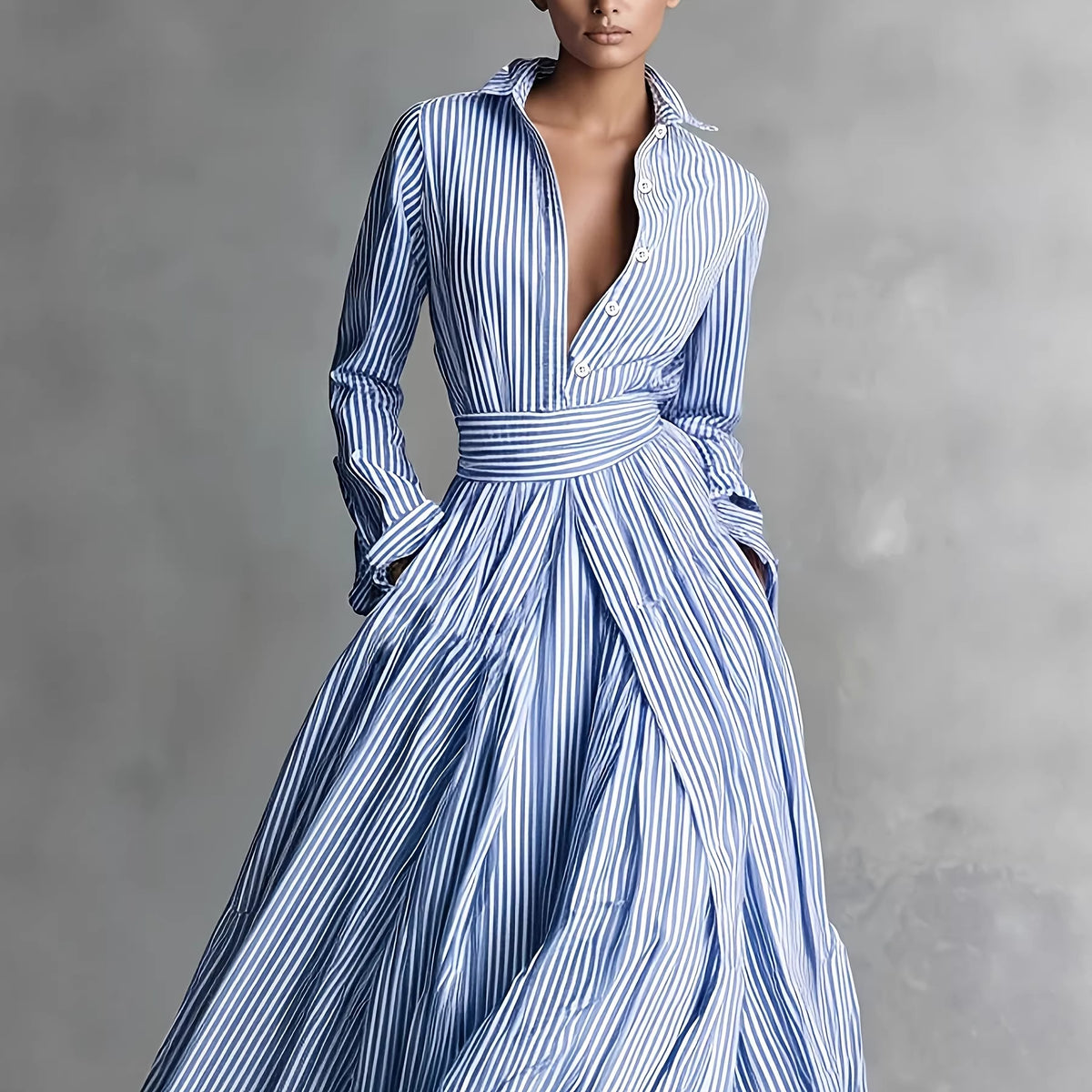 Striped long-sleeved pocket cardigan tied shirt dress from eprolo, featuring a casual design with front pockets and a tied waist.