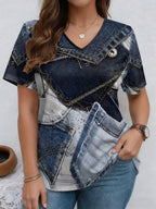 Plush Fashion Hub v-neck denim print short sleeve casual T-shirt with a loose fit, perfect for relaxed everyday wear.