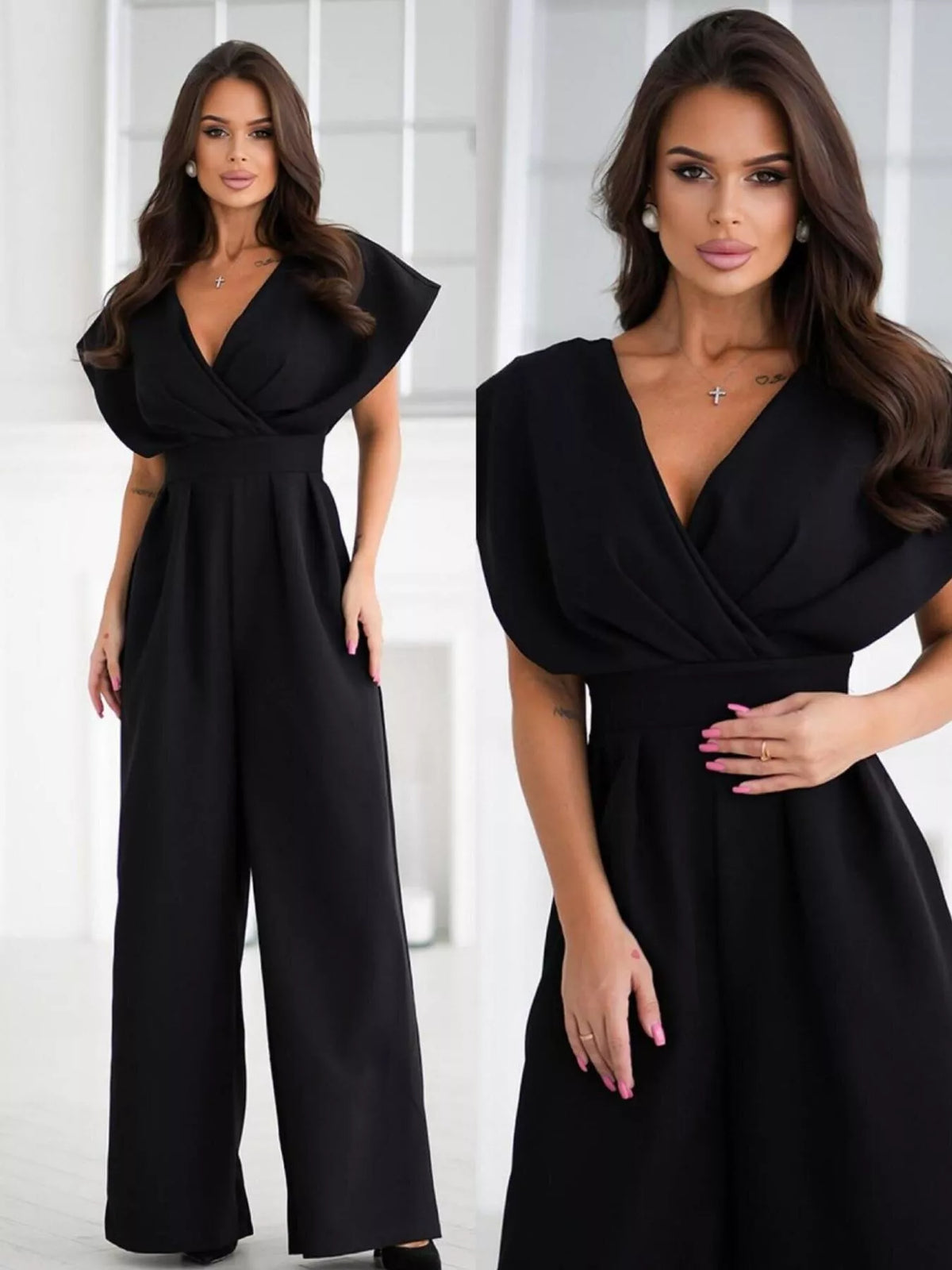 Plush Fashion Hub plush jumpsuit with surplice neckline and wide-leg design, shown in a stylish, comfortable fit.