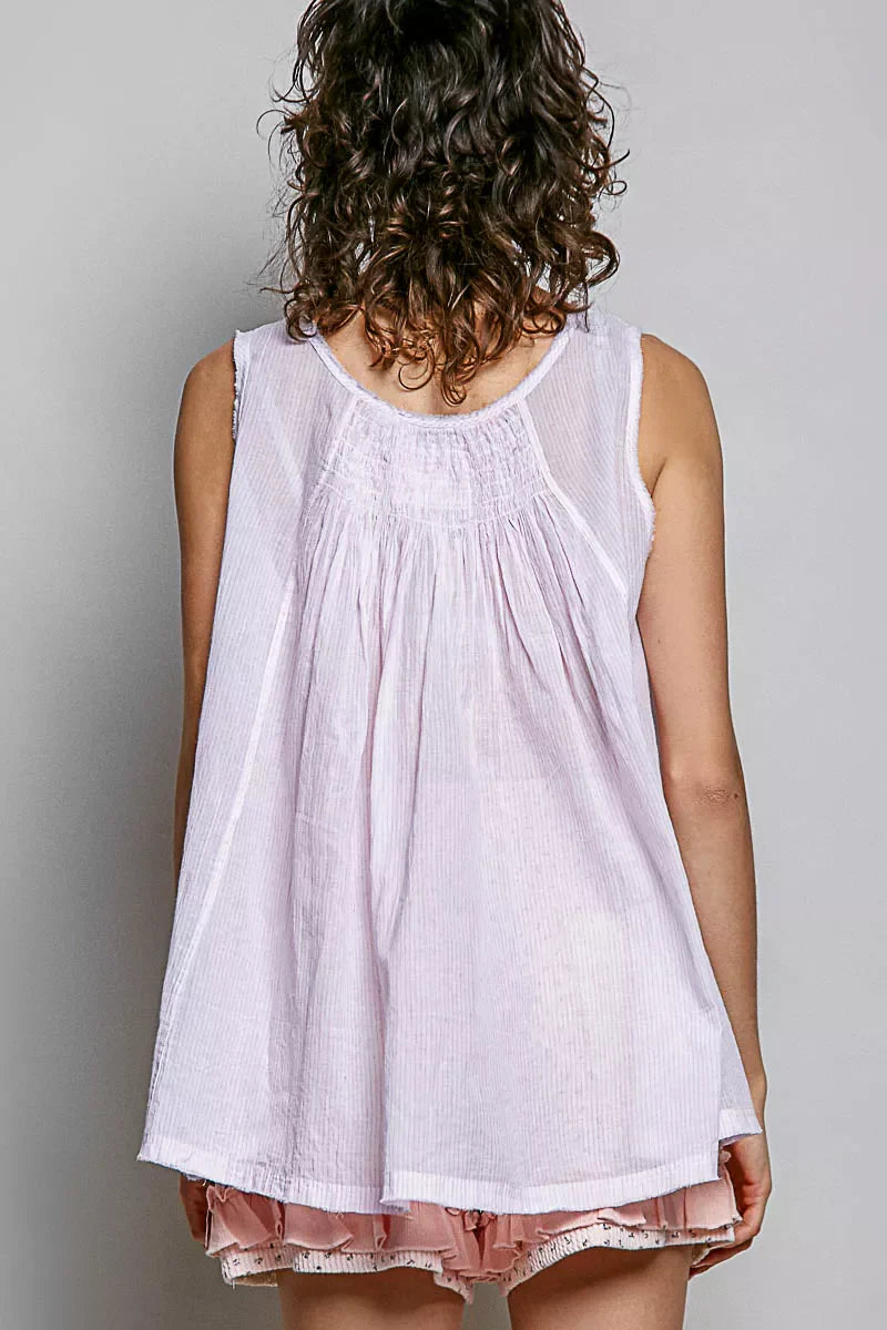 Shopimist POL POL sleeveless striped cotton top with a round neck and pleated design, shown in a close-up image.