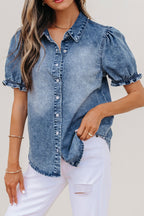Ariana short sleeve snap blouse by Threaded Pear featuring a casual fit and front snap closure, shown in a stylish fabric pattern.