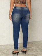 Distressed skinny denim jeans by Plush Fashion Hub featuring rips and a fitted style, displayed on a hanger against a plain background.