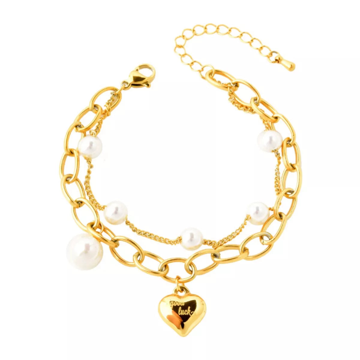 18K gold-plated heart charm bracelet with delicate chain and adjustable clasp, stylish jewelry accessory.