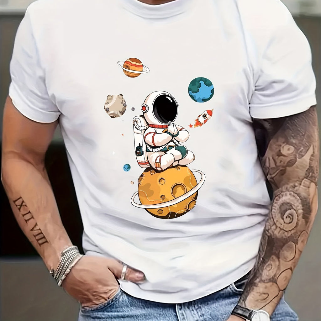 Men’s astronaut graphic streetwear shirt from Plush Fashion Hub, featuring a space-themed print on a casual t-shirt.