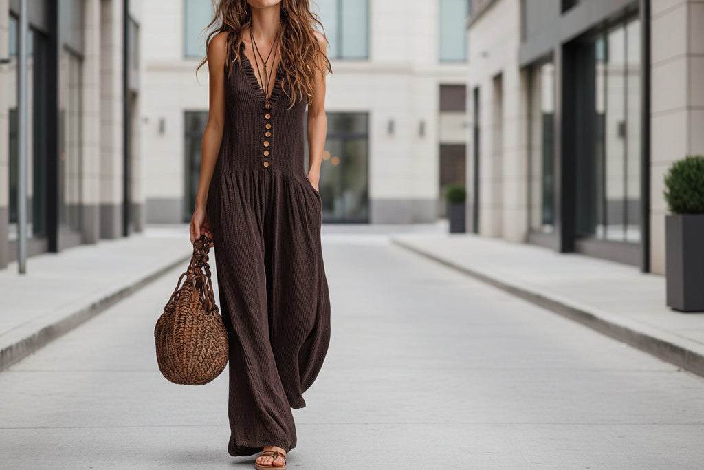 Women’s loose V-neck sleeveless wide-leg jumpsuit in casualwear style, featuring a relaxed fit and soft fabric from Plush Fashion Hub.