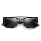 Black bamboo wooden arms sunglasses for men and women, stylish eyewear by FitiqueFit with eco-friendly wooden frame.