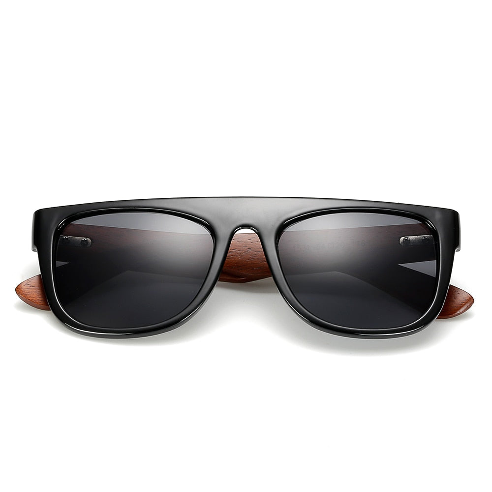 Black bamboo wooden arms sunglasses for men and women, stylish eyewear by FitiqueFit with eco-friendly wooden frame.