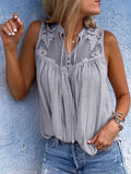 Plush Fashion Hub chiffon patchwork lace V-neck sleeveless top in silk chiffon, casualwear style with delicate lace details.