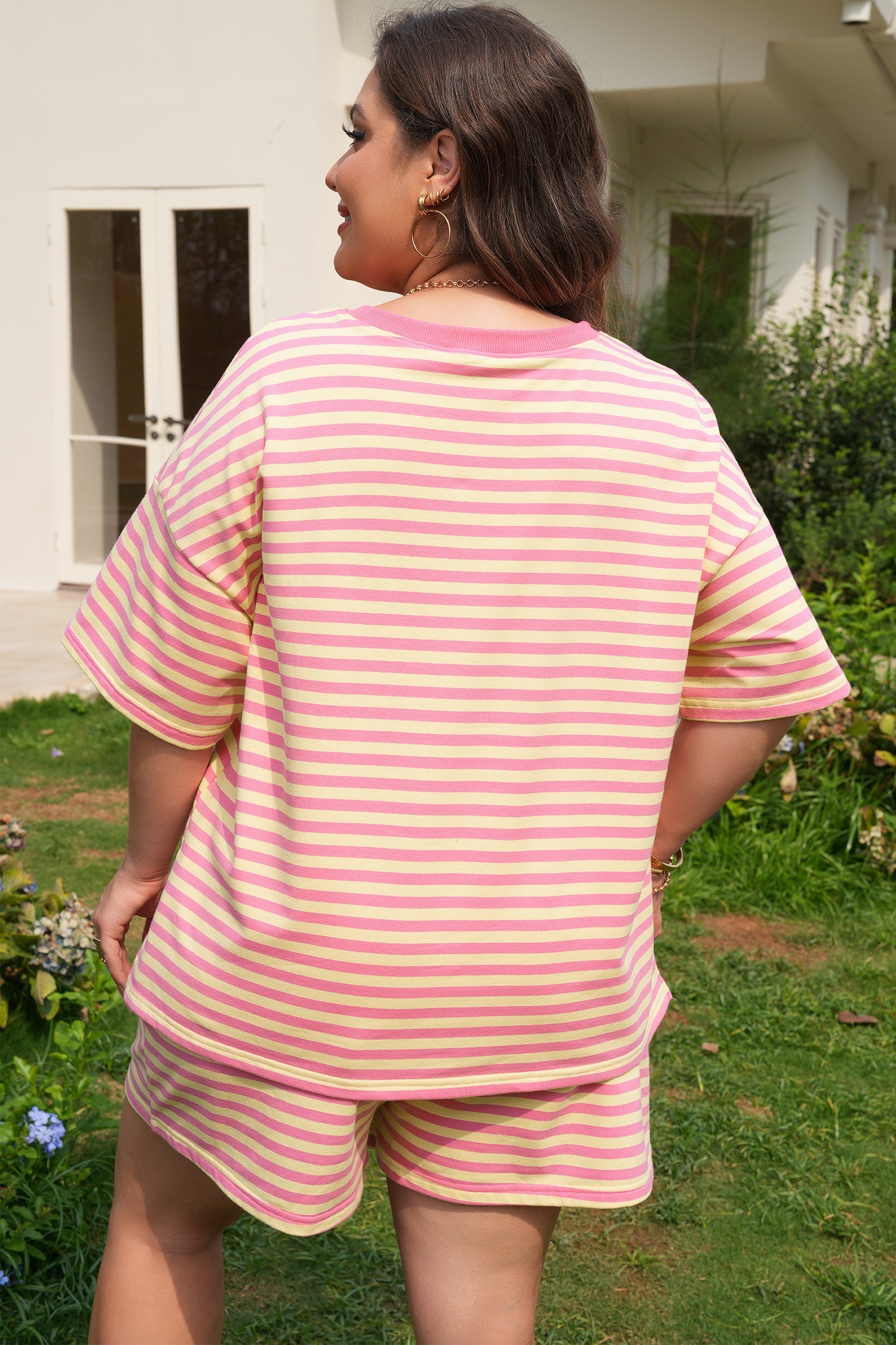 Plus size Lilliana Stripe Boxy loungewear set by Threaded Pear, featuring a comfortable, stylish striped top and matching bottoms.