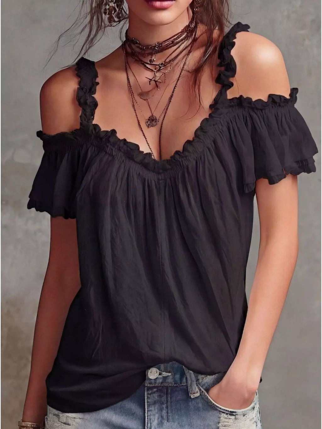 Pink frill cold shoulder blouse from Plush Fashion Hub, featuring ruffled sleeves and lightweight fabric.