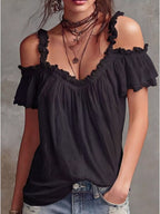 Pink frill cold shoulder blouse from Plush Fashion Hub, featuring ruffled sleeves and lightweight fabric.