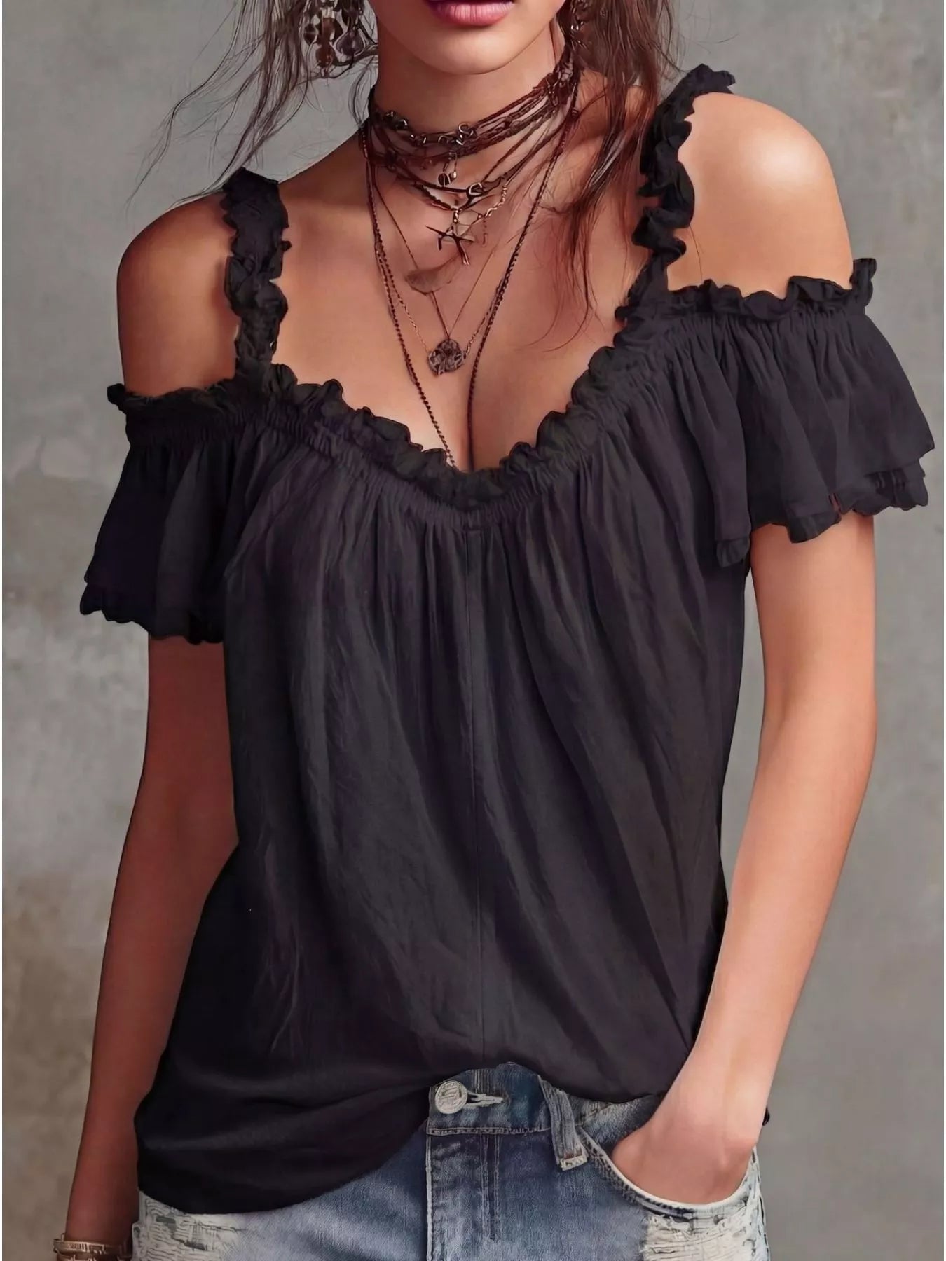 Pink frill cold shoulder blouse from Plush Fashion Hub, featuring ruffled sleeves and lightweight fabric.