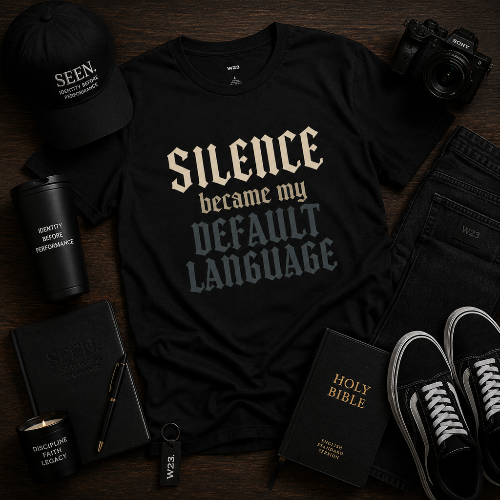 Black Gothic Quote T-shirt by Wear Your Worship with the phrase "Silence Became My Default Language" printed on the front.