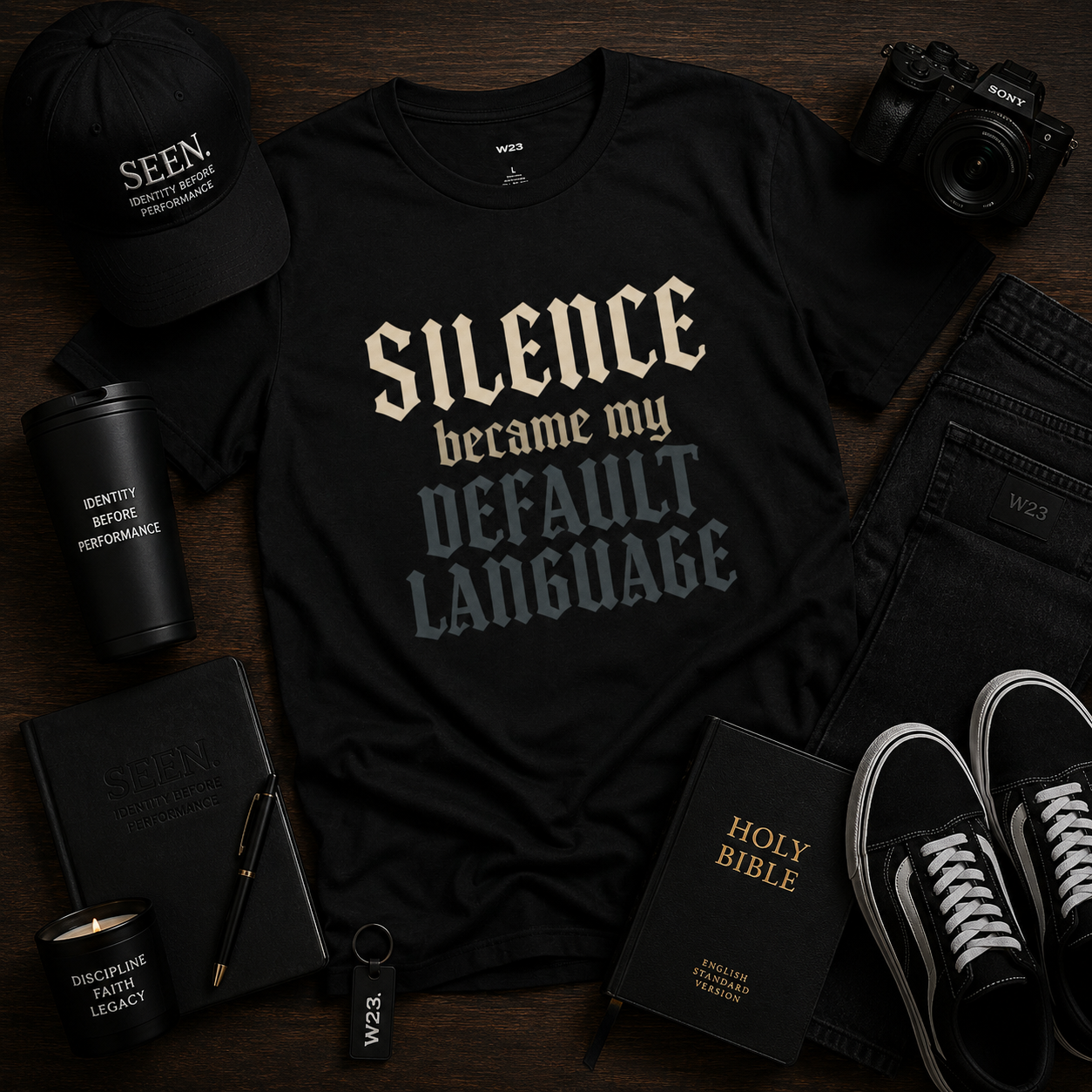 Black Gothic Quote T-shirt by Wear Your Worship with the phrase "Silence Became My Default Language" printed on the front.