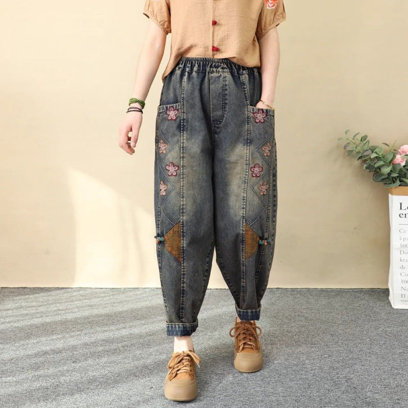 Women's patchwork embroidered cropped harem pants by FitiqueFit, featuring wide leg, high waist, and denim casualwear style.